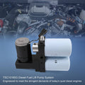 Diesel fuel lift pump system with two white filter canisters and black mounting bracket