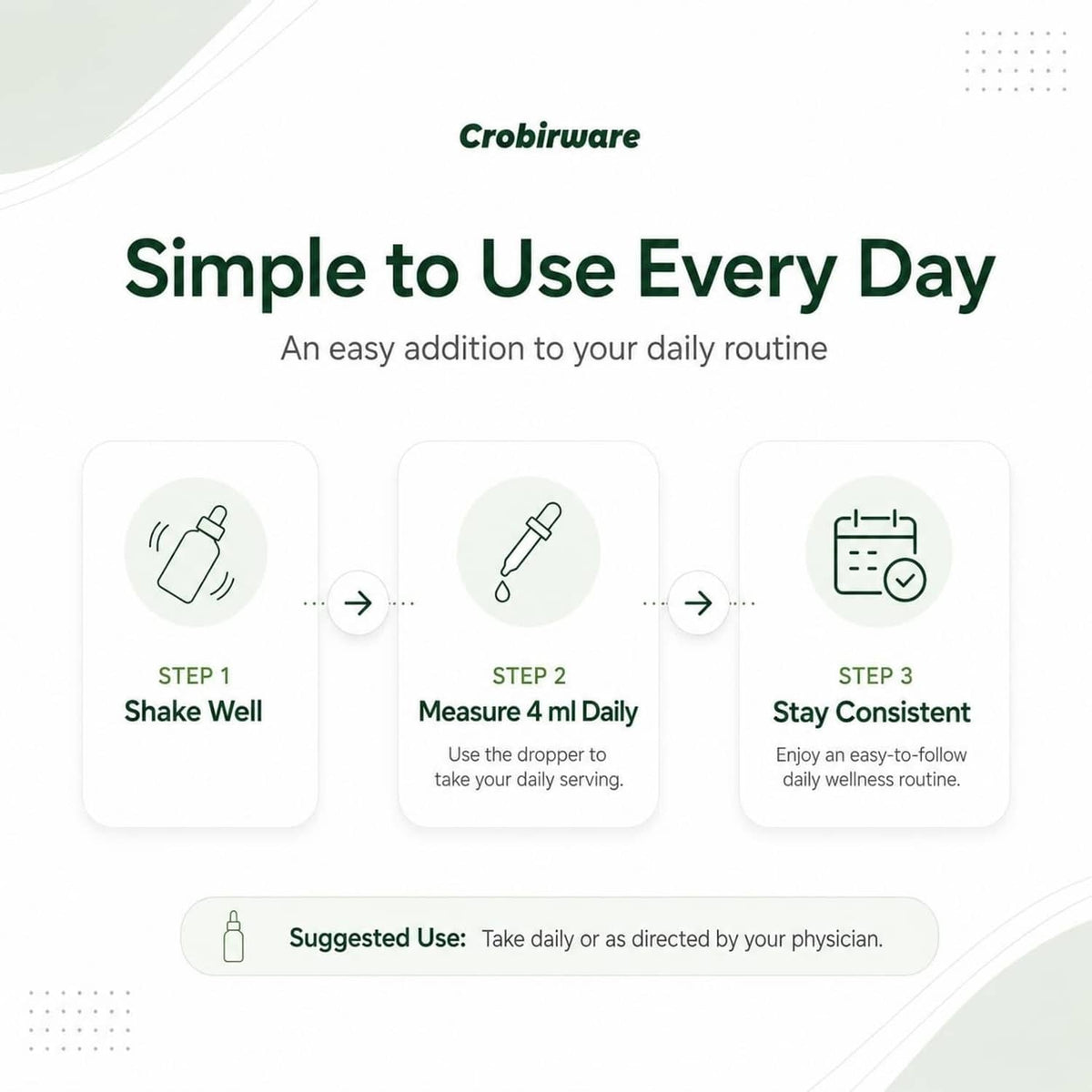 Liquid drops usage steps graphic: shake well, measure 4 ml, stay consistent