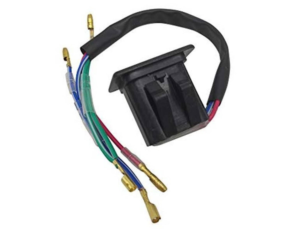 Black switch module with attached multicolor wires and gold spade connectors
