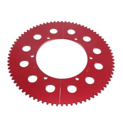 Red 78-tooth split sprocket with central hole and evenly spaced bolt holes