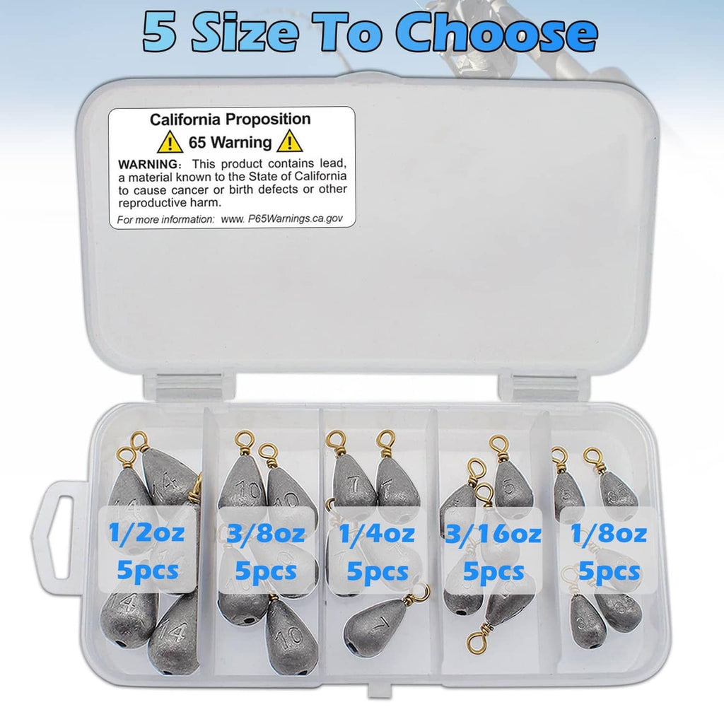 Fishing sinker kit box displaying 5 size options of silver lead droplet weights with brass rings