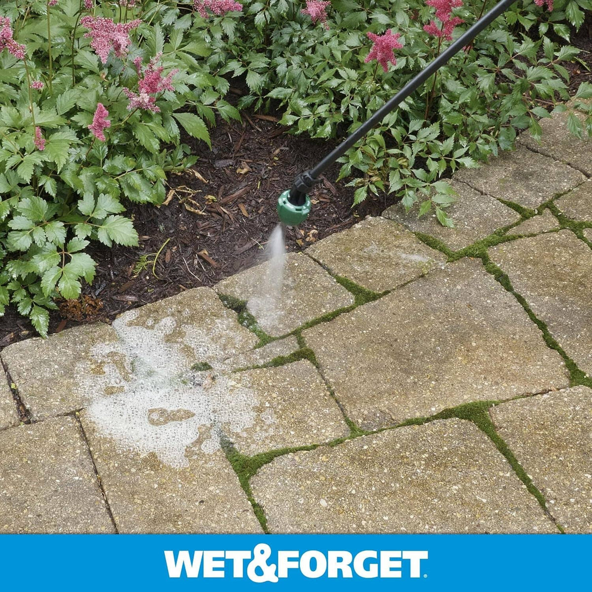 Pressure washer spray jet cleaning outdoor patio pavers with moss and stain spots