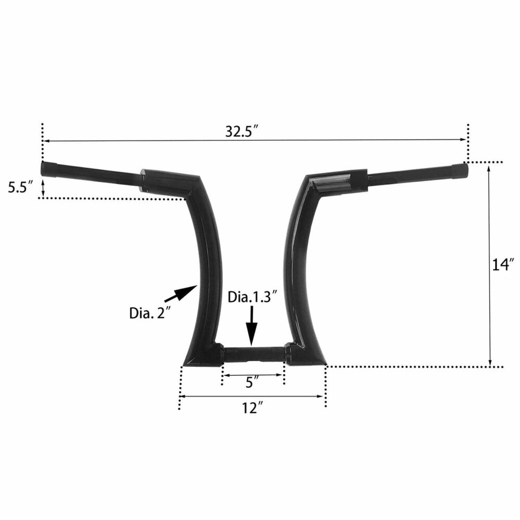 Black ape hanger handlebar dimensions graphic, 14 in rise and 2 in diameter