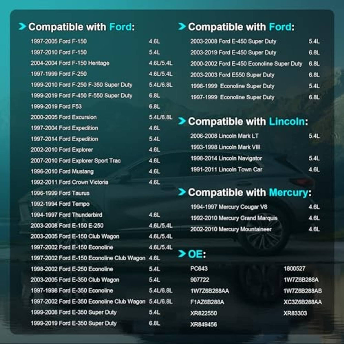Camshaft position sensor compatibility chart graphic with vehicle model list