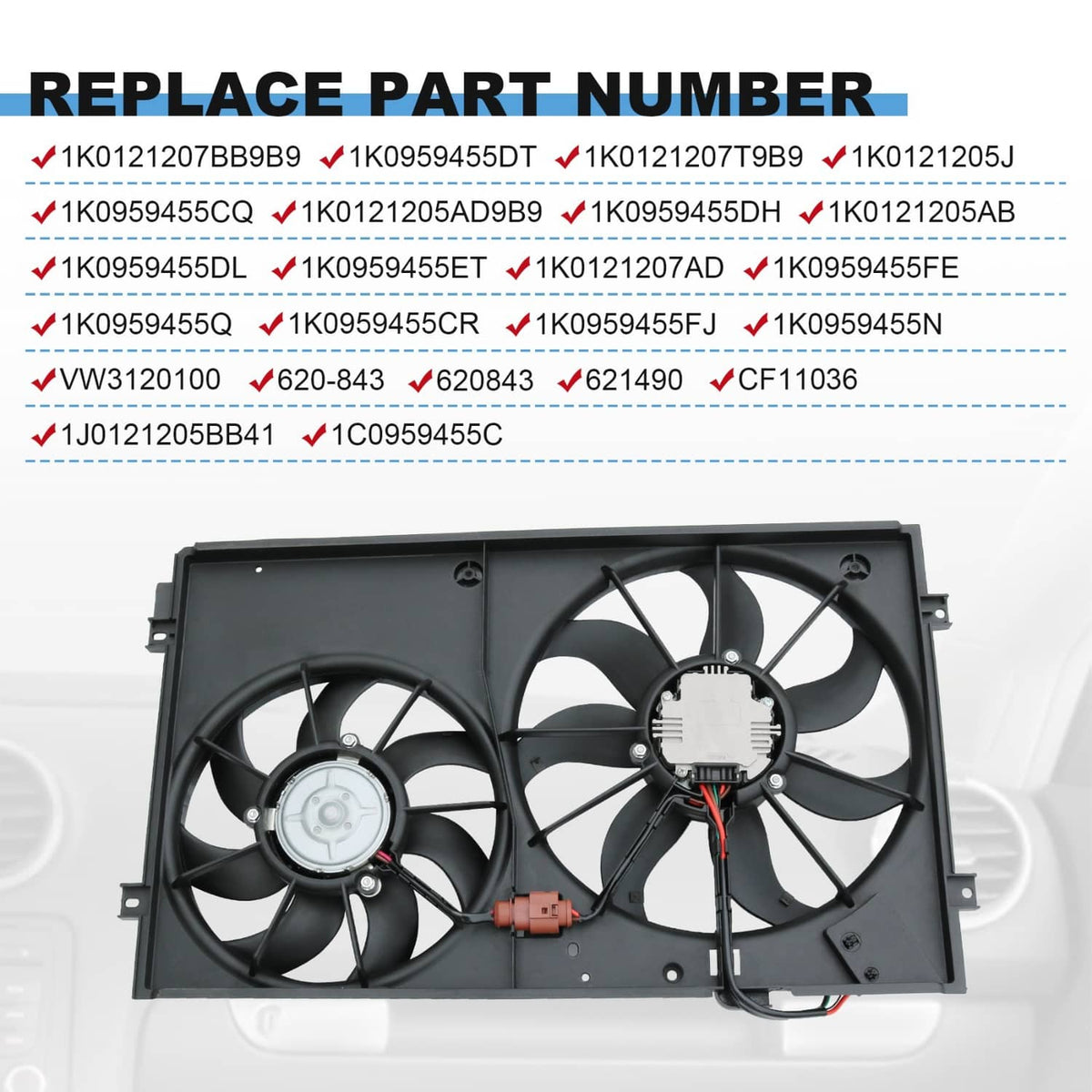 Radiator condenser dual-fan assembly with wiring plug and black fan blades