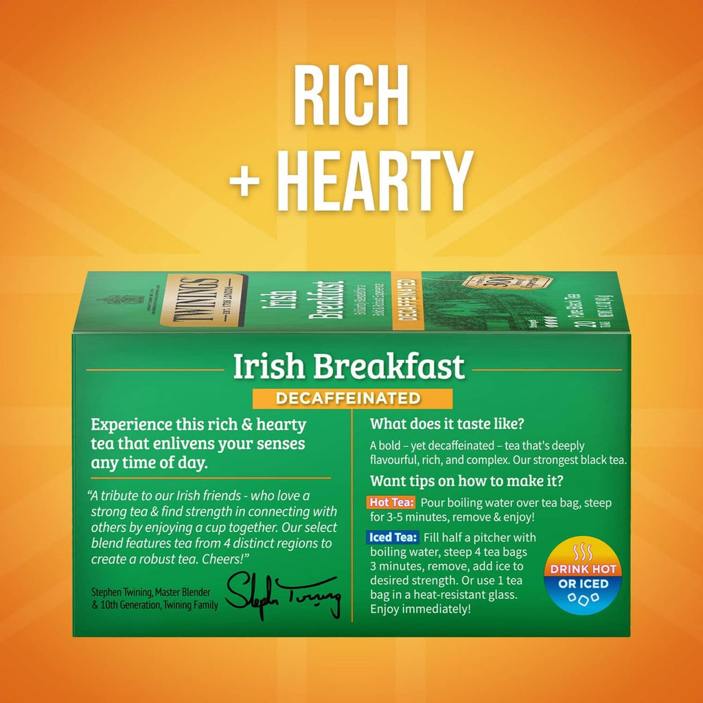 Decaffeinated Irish Breakfast tea box, Rich + Hearty side panel information
