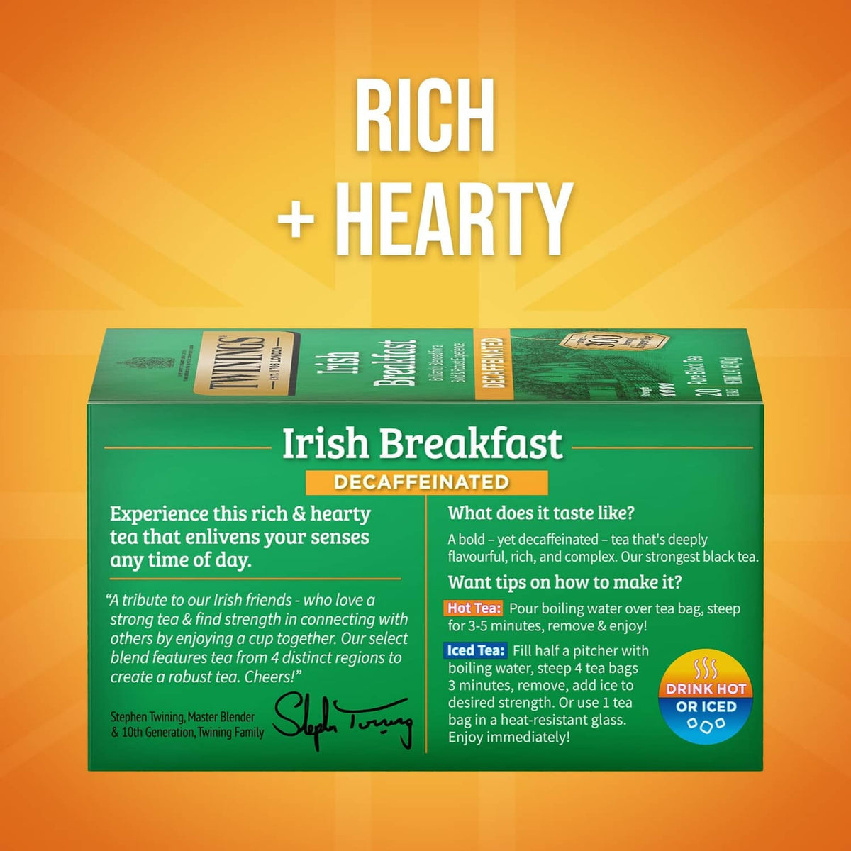 Decaffeinated Irish Breakfast tea box, Rich + Hearty side panel information
