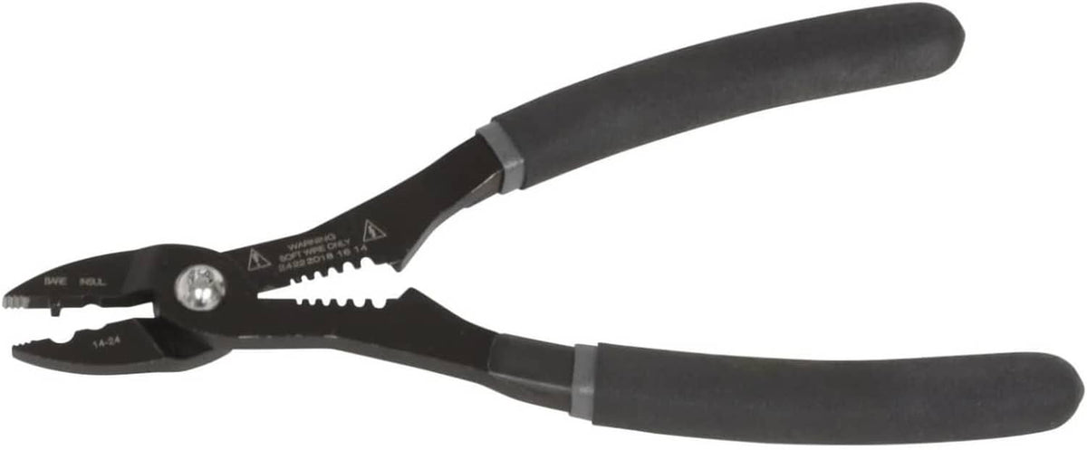 Wire stripper pliers with black grips, serrated jaws, and silver pivot rivet