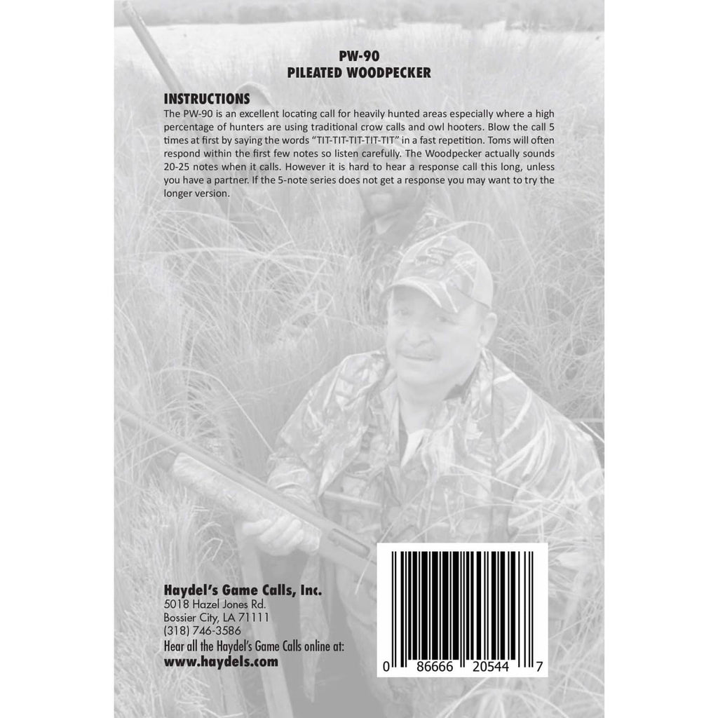Back of game call packaging with instructions and barcode sticker