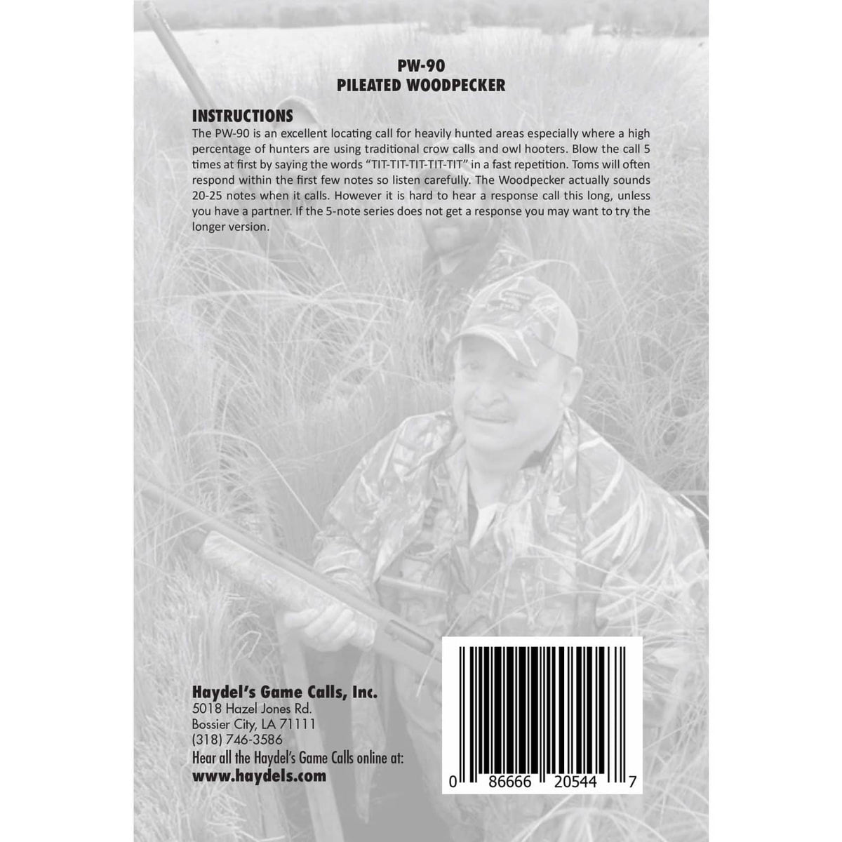 Back of game call packaging with instructions and barcode sticker