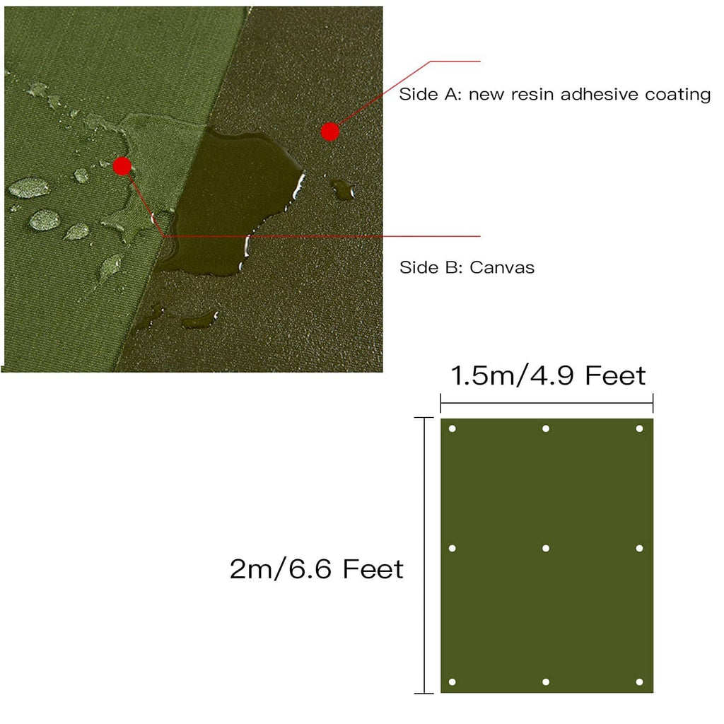 Green waterproof tarp size diagram: 2m x 1.5m, resin-coated canvas