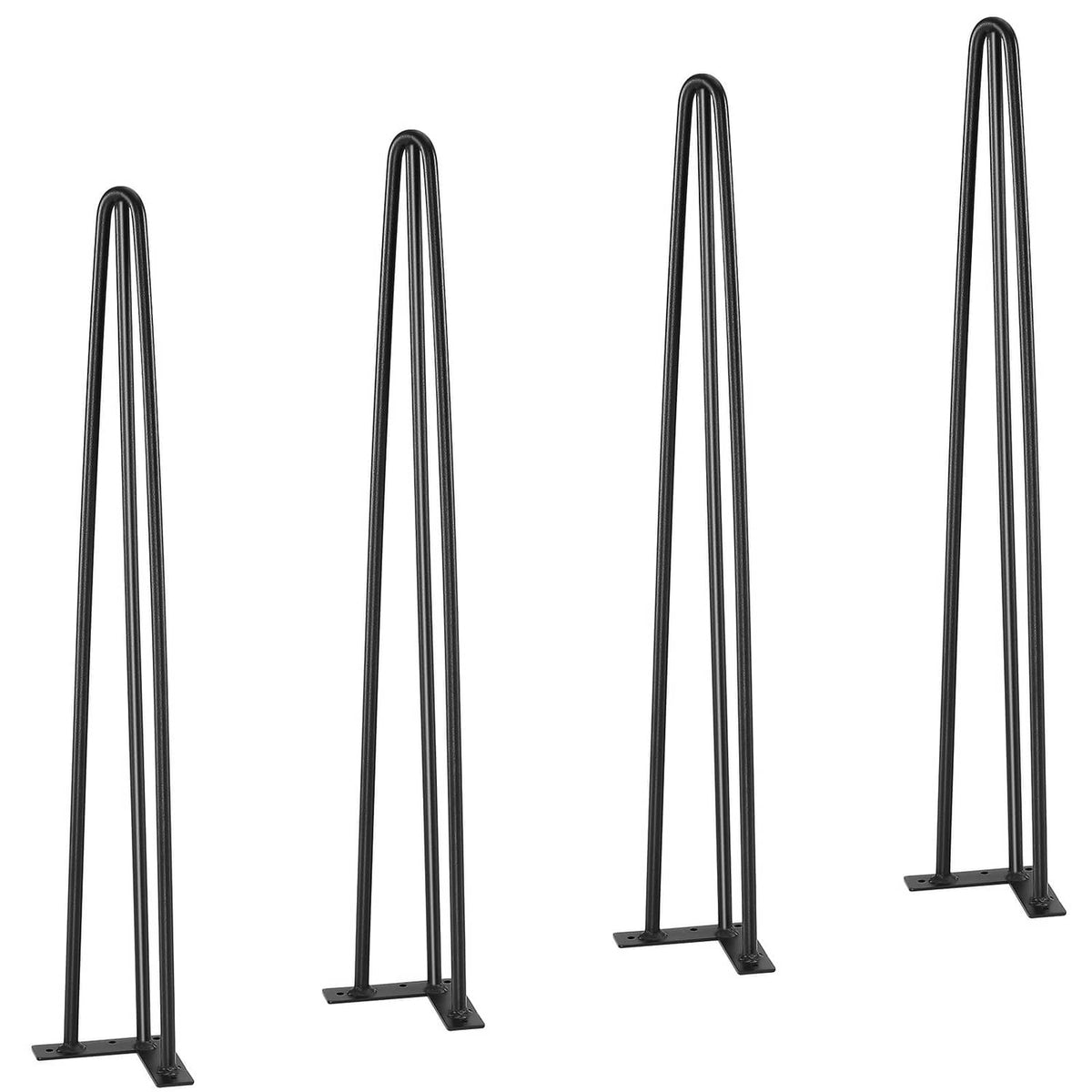 Black steel hairpin table legs standing upright, U-shaped base, set of 4