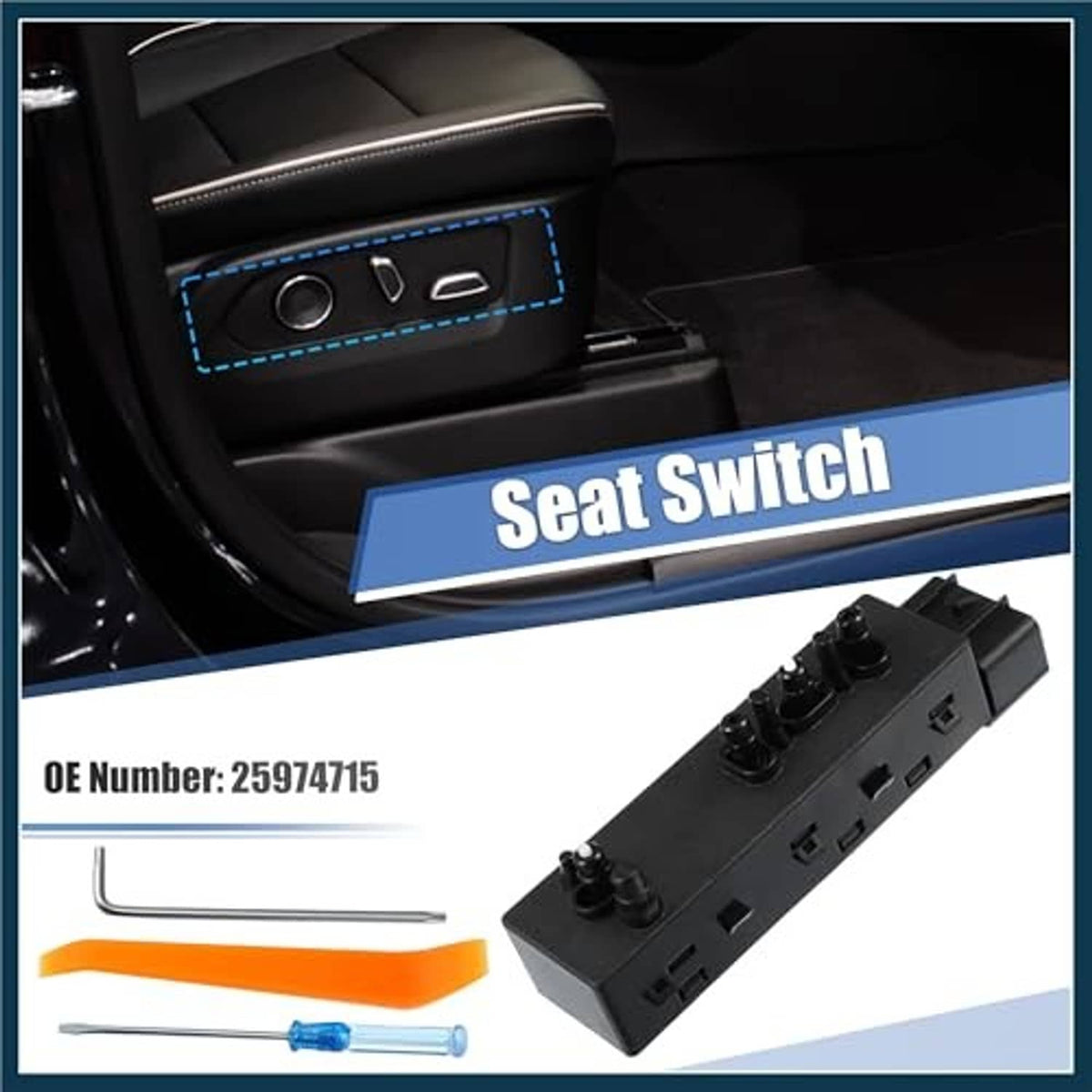 Car seat power switch panel with black control module and knob icons