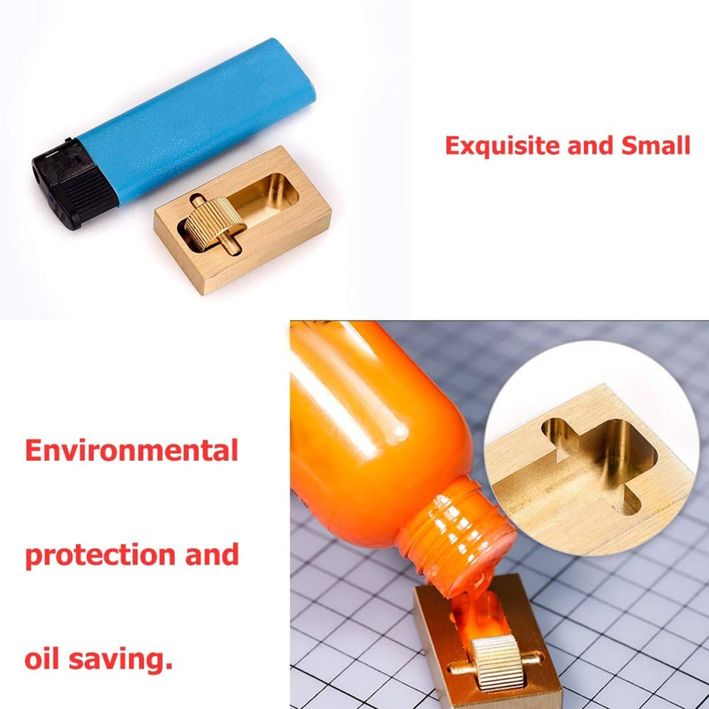 Leather edge paint tool with brass roller in wooden holder next to blue oil bottle