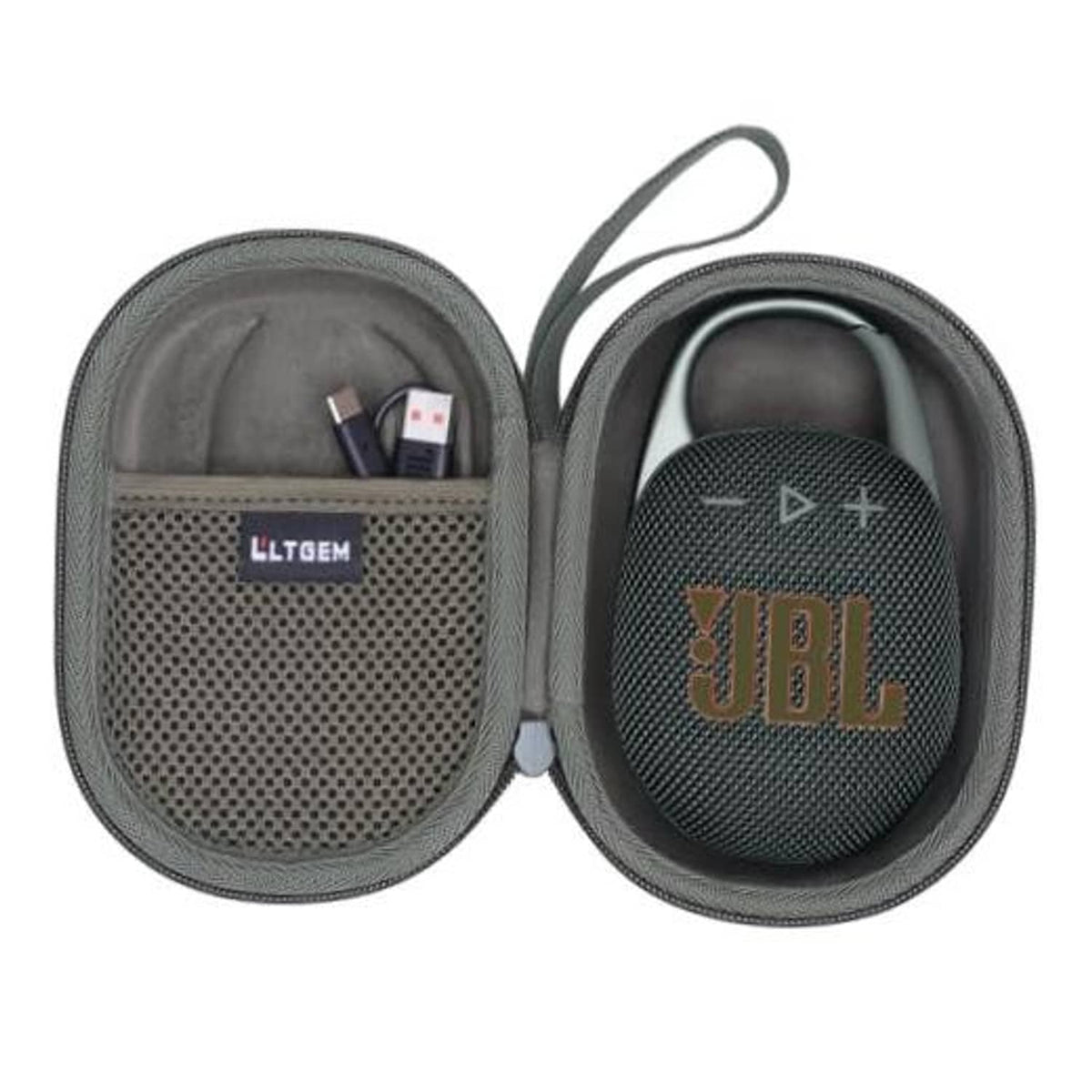 Protective speaker case with zipper, gray interior, camo top, for JBL Clip 5/4