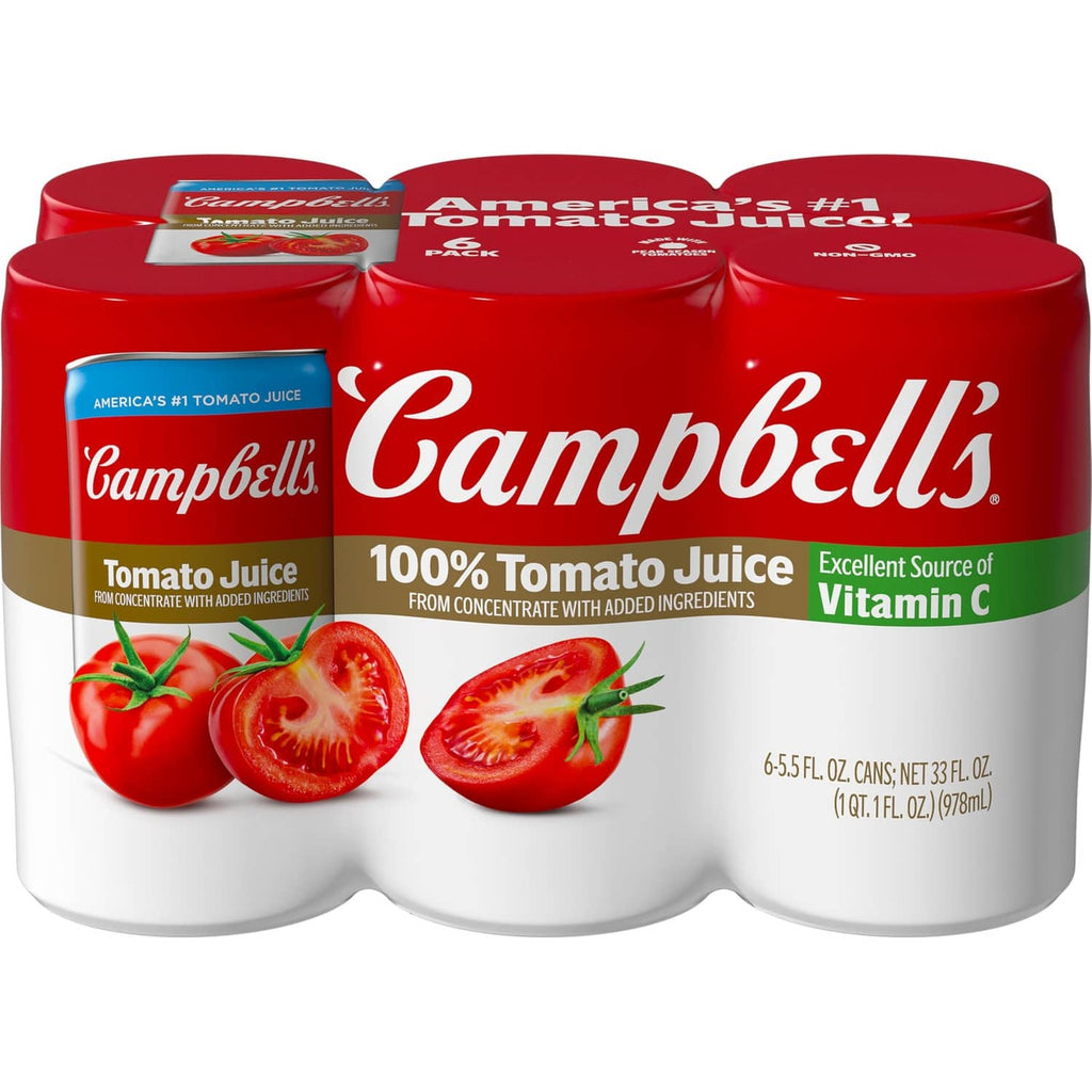 Campbell's 100% tomato juice cans, red-and-white label with tomato images