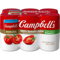 Campbell's 100% tomato juice cans, red-and-white label with tomato images