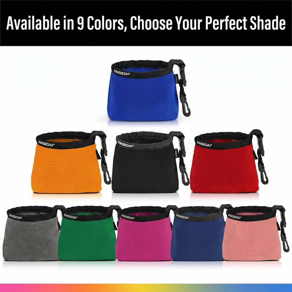 Assorted color golf club cleaner bags with black rims and clip-on straps