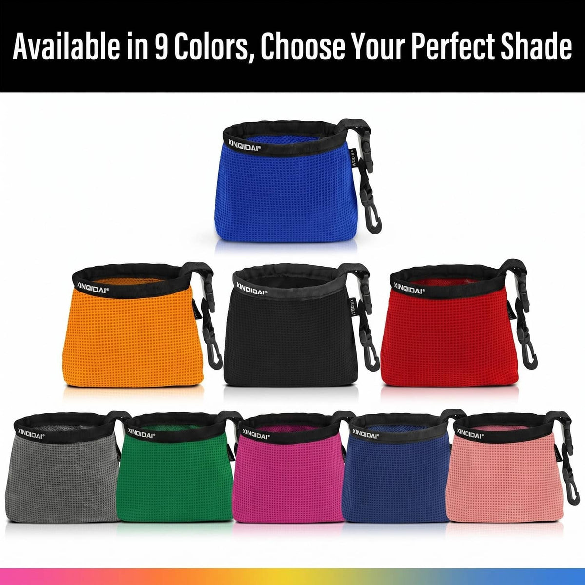 Assorted color golf club cleaner bags with black rims and clip-on straps