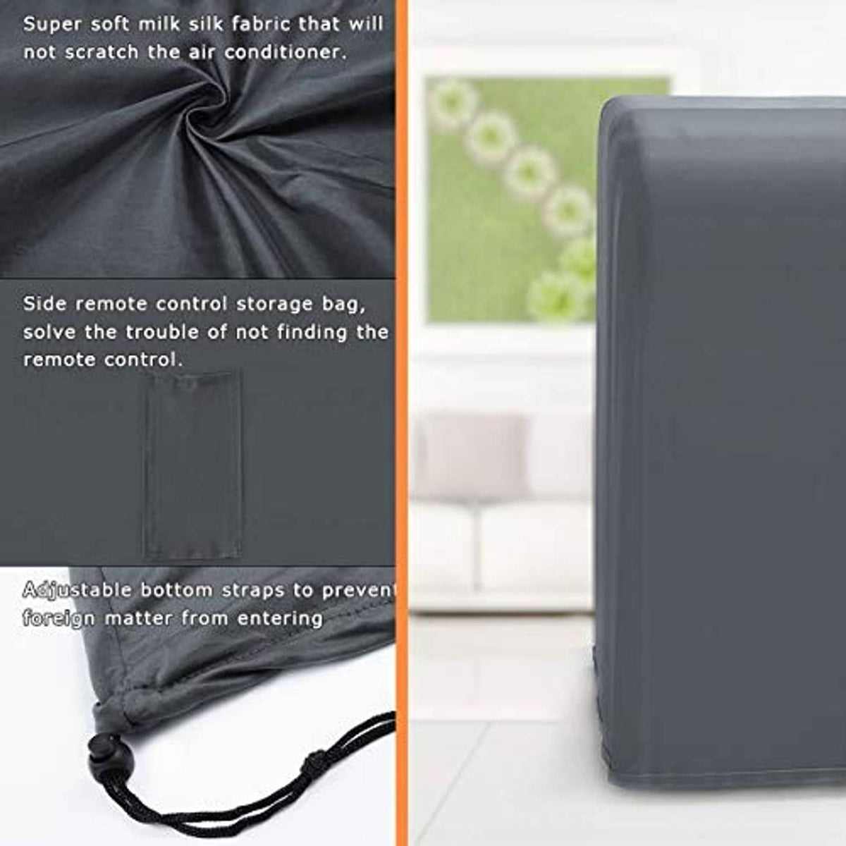 Gray portable air conditioner cover with side remote storage pocket and adjustable bottom straps