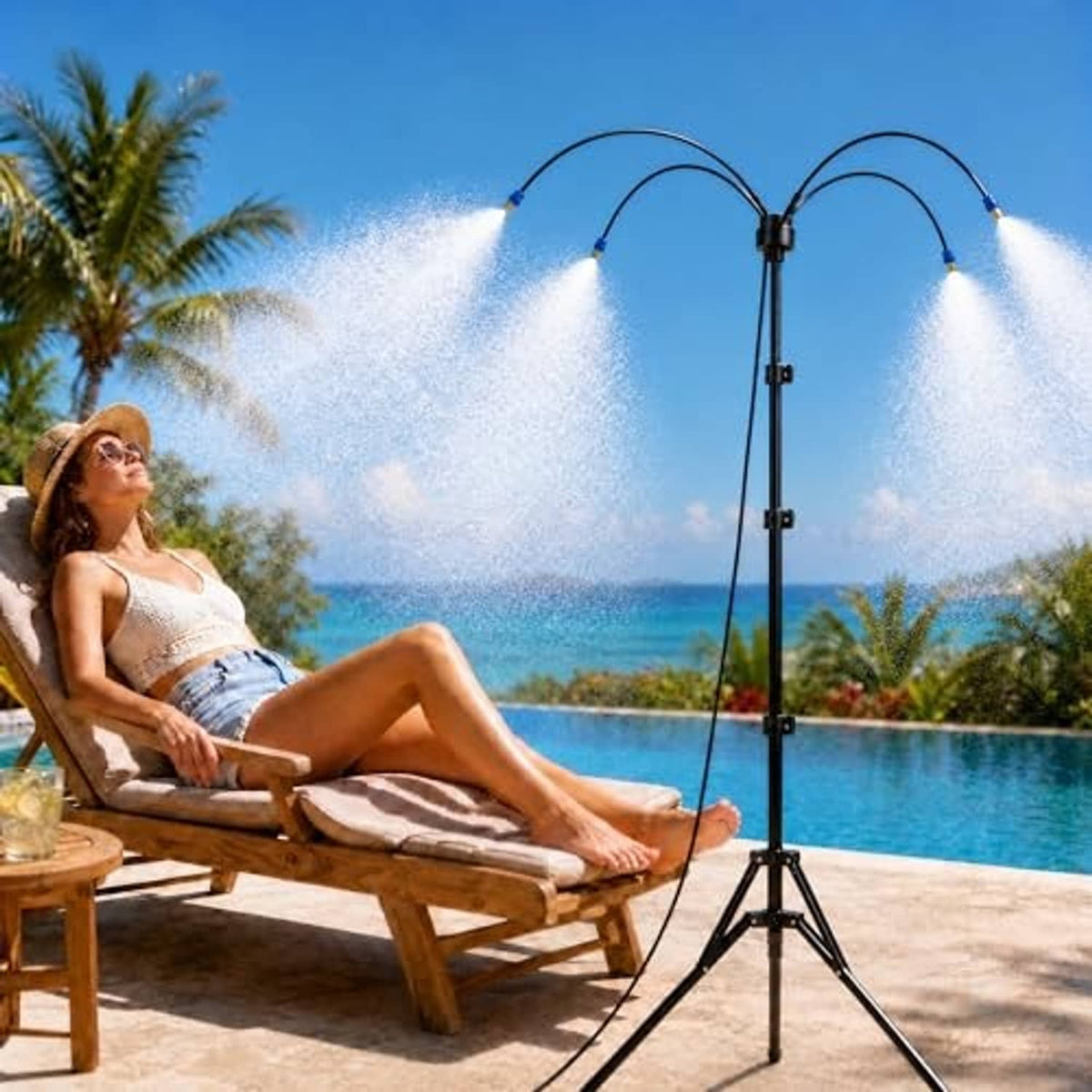 Outdoor misting tripod with two spray heads on a black tripod, misting a patio area