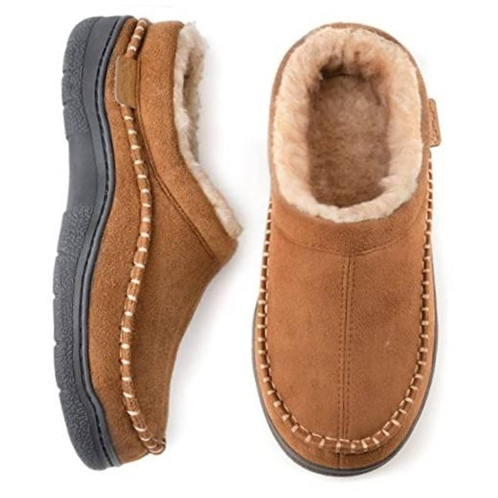 Pair of tan suede slip-on moccasin slippers showing fuzzy interior lining