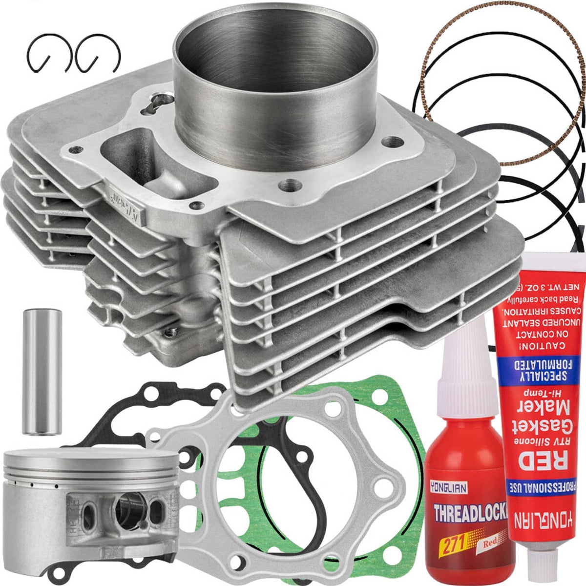 Aluminum cylinder top end kit with piston rings, gaskets, and Threadlocker sealant bottles
