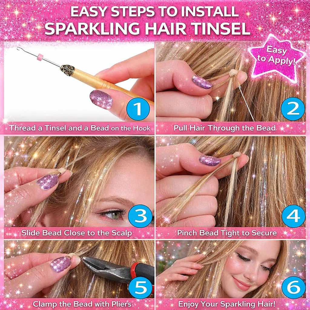 Hands installing hair tinsel with a bead on a hook and securing it with pliers