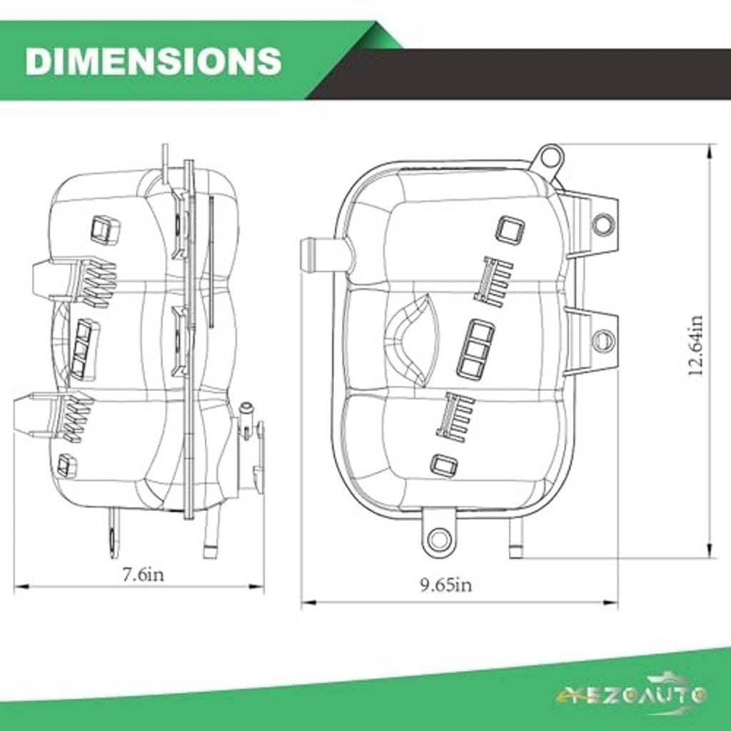 Coolant reservoir dimensions diagram with cap opening and mounting holes
