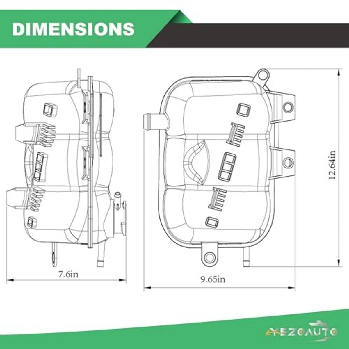 Coolant reservoir dimensions diagram with cap opening and mounting holes