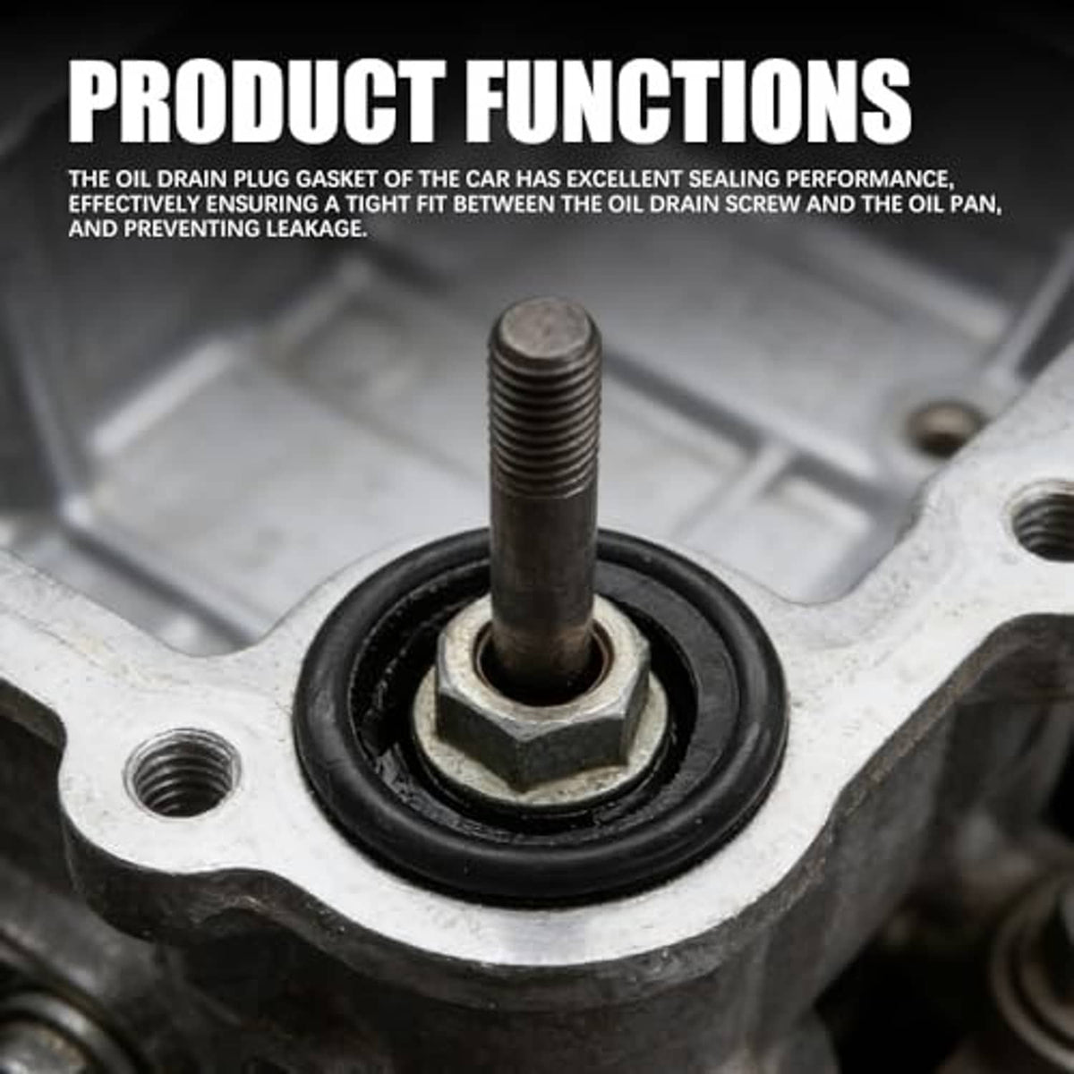 Oil drain plug gasket washer installed around a metal drain plug on an engine