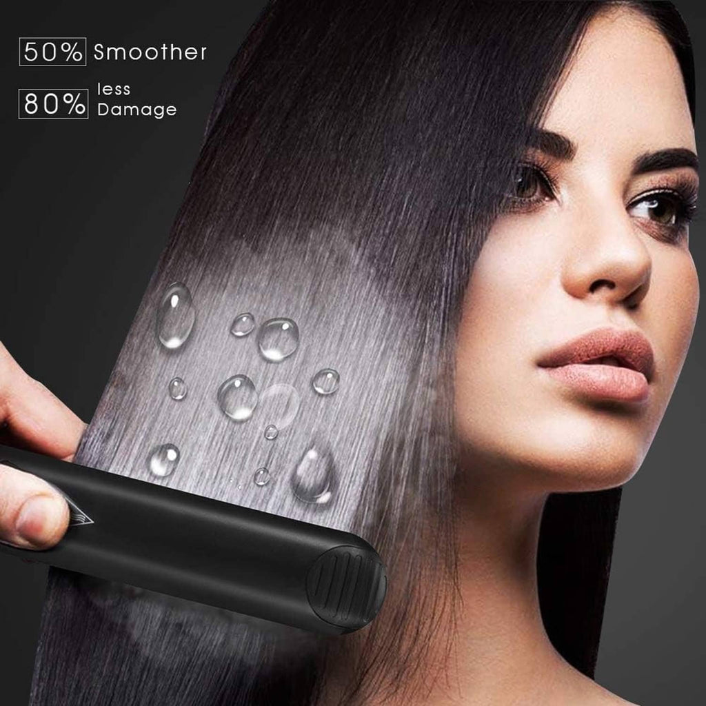 Steam hair straightener applying moisture droplets to smooth hair
