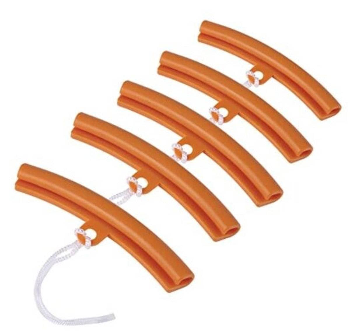 Orange wheel rim protector set with white tie cords and loops, curved edge guards