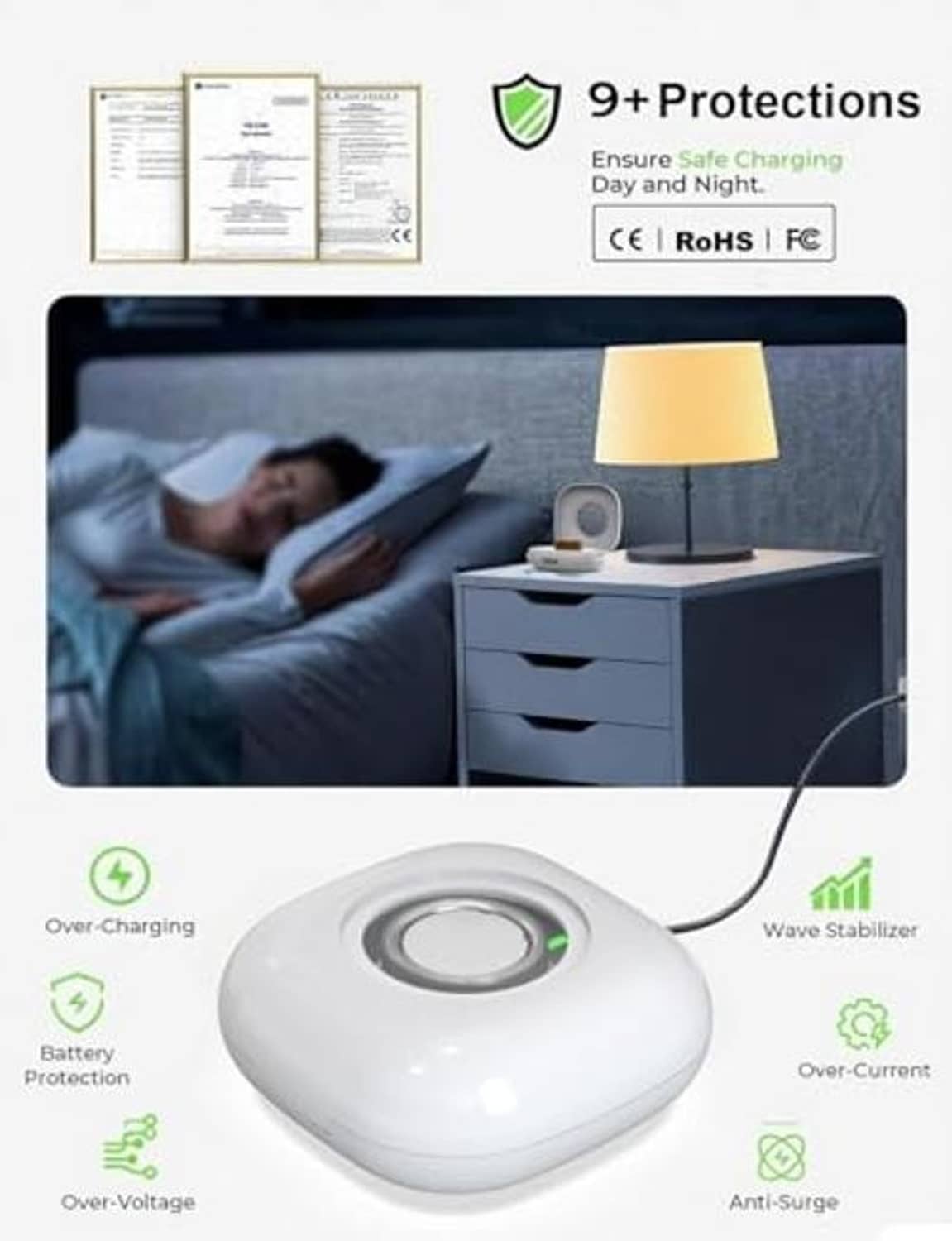 White portable wireless charging puck with ring cradle and attached cable