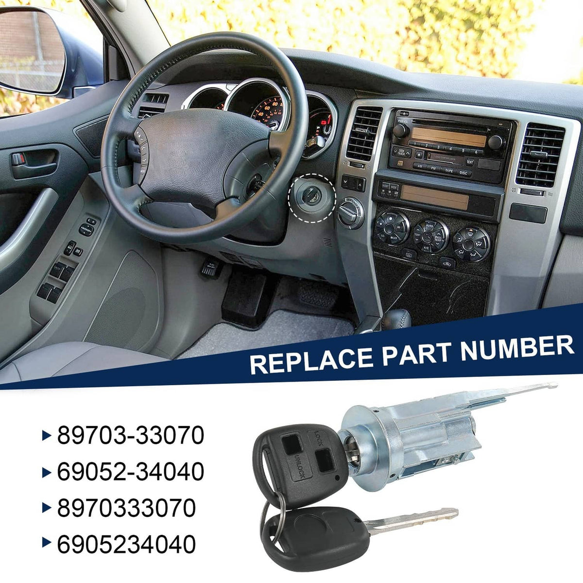 Ignition lock cylinder with two keys, black key fobs and silver metal insert