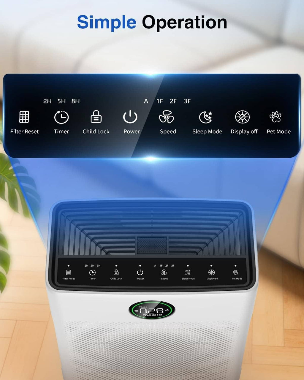 White MOOKA air purifier control panel with buttons and centered digital display