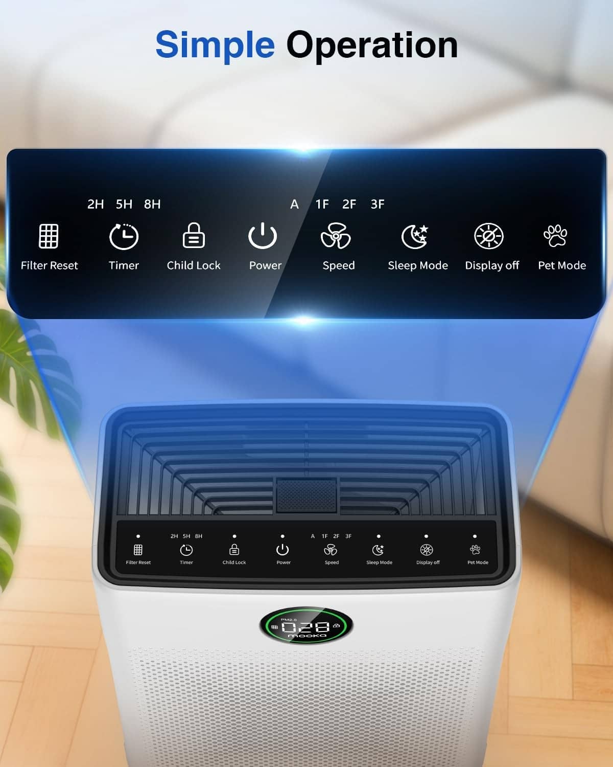 White MOOKA air purifier control panel with buttons and centered digital display