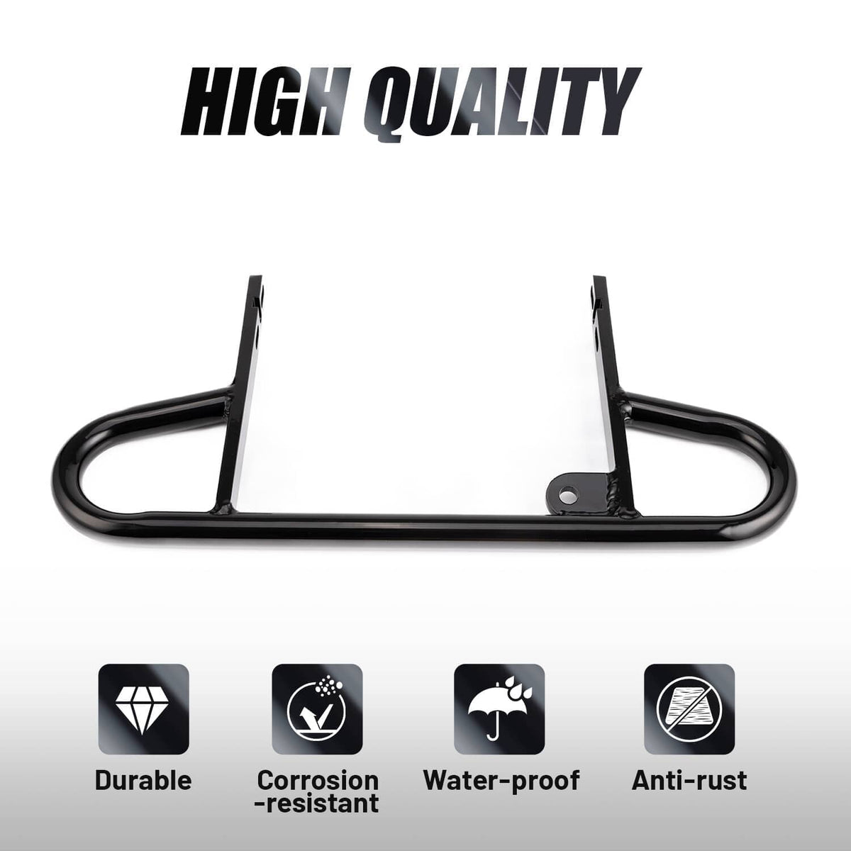 Black ATV rear wide grab bar with durable, corrosion-resistant, waterproof anti-rust coating.