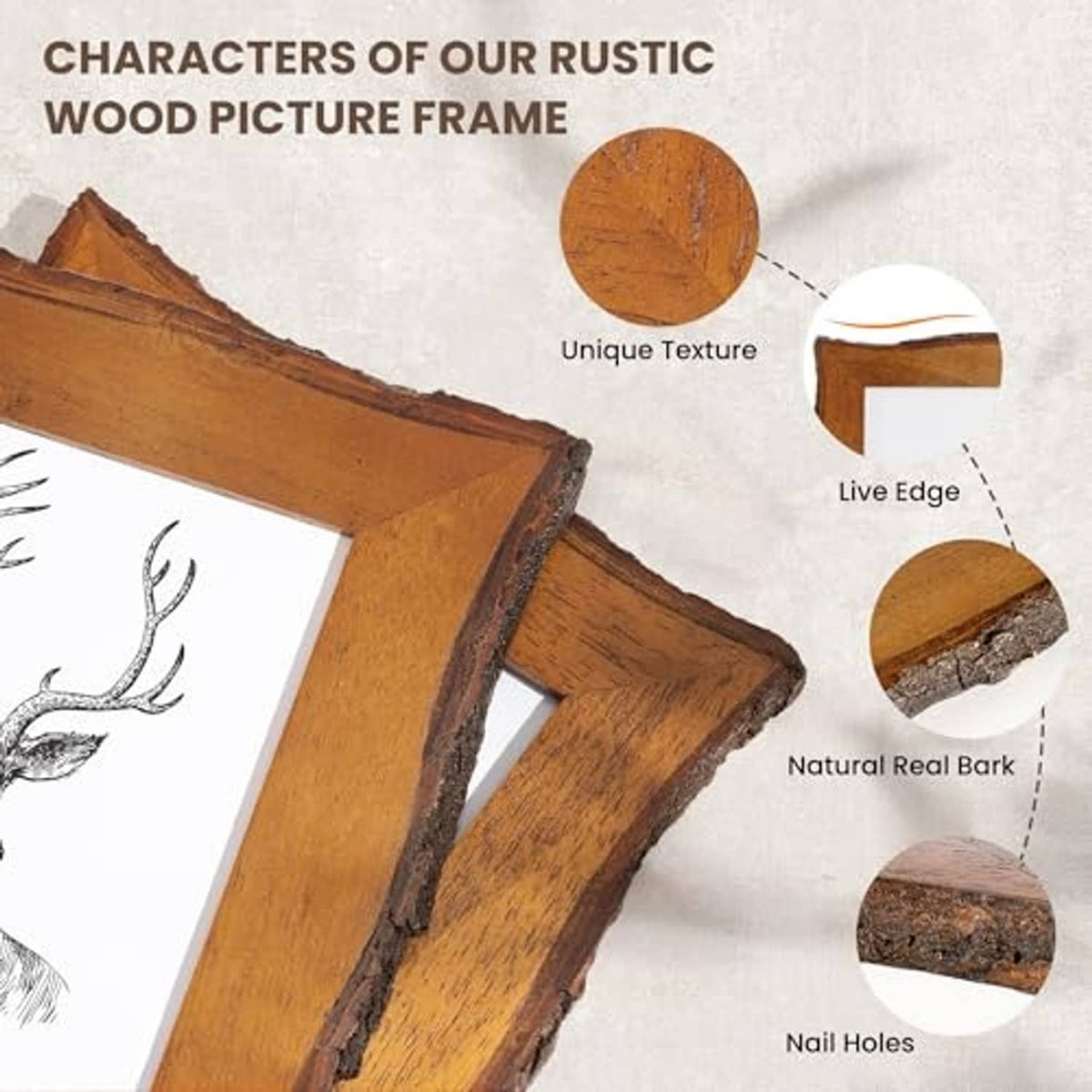 Rustic live-edge wooden picture frame with natural bark edge and nail holes