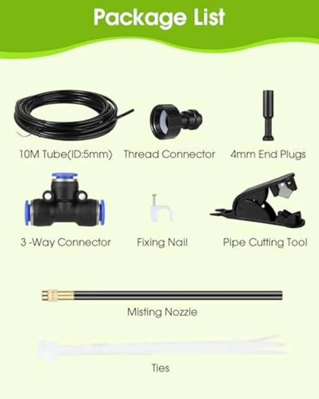 Misting line package contents: 10m tube, connectors, end plugs, nozzle, and tools