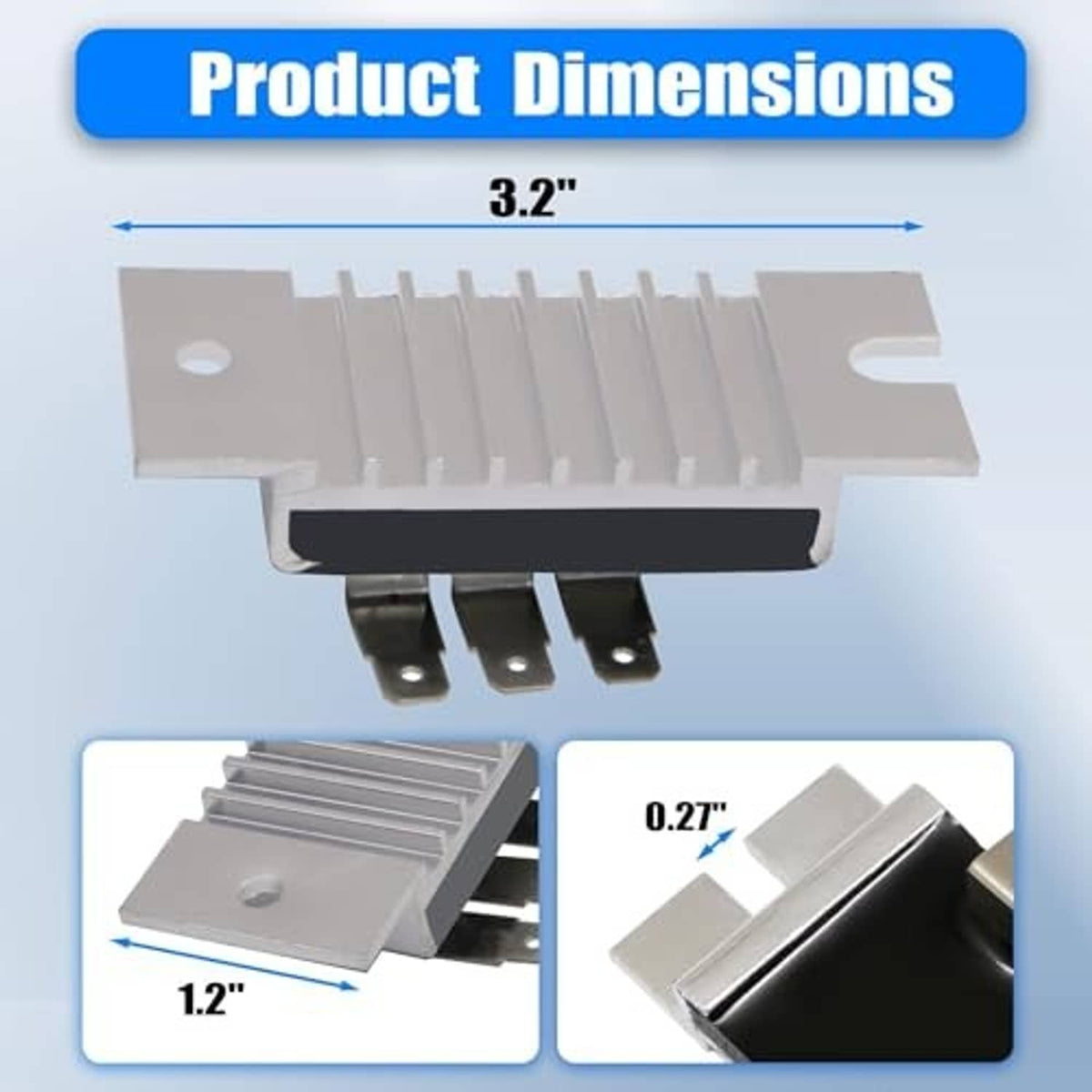 Silver voltage regulator rectifier with finned heatsink and three bottom electrical tabs