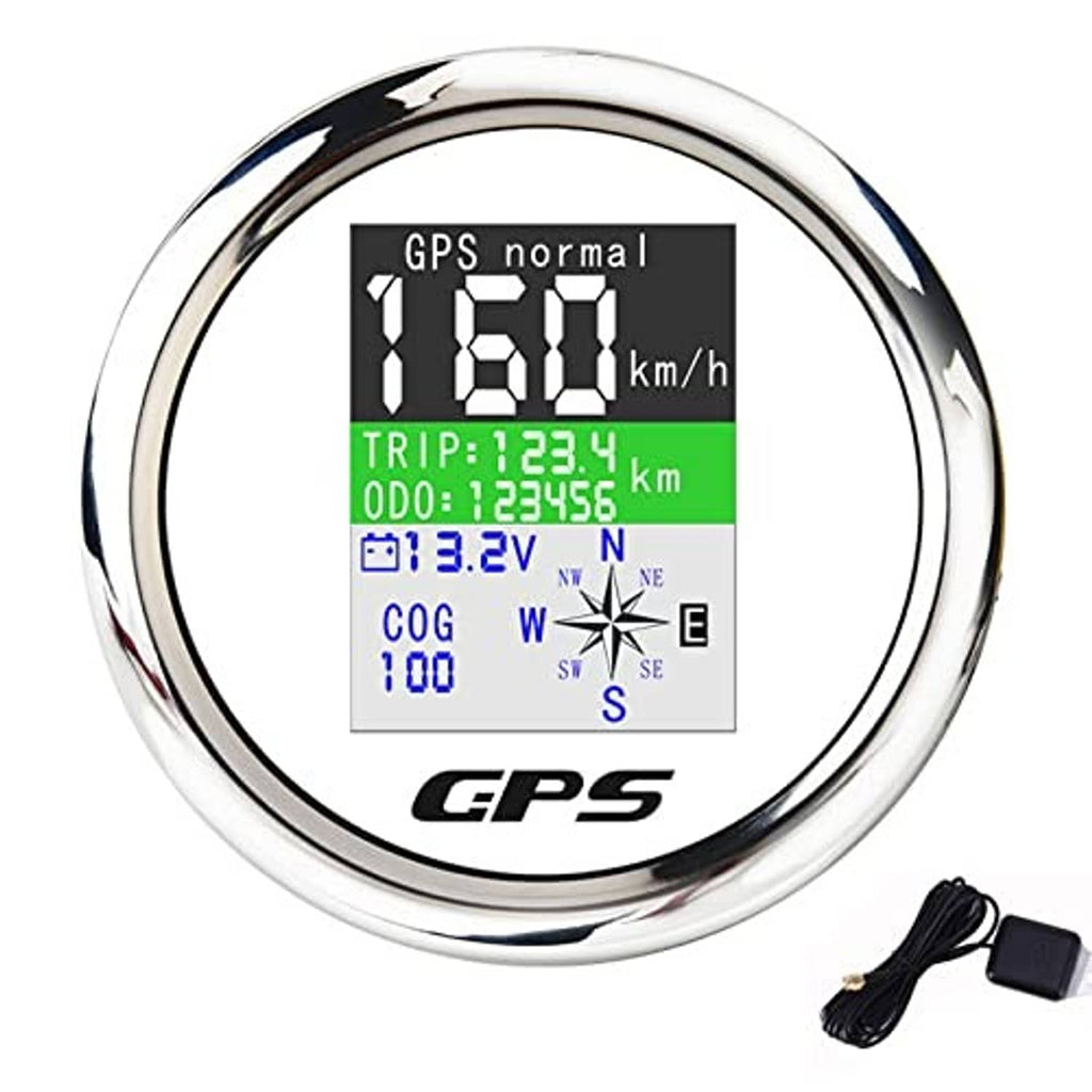 GPS speedometer gauge with chrome bezel; LCD with dark screen and green TRIP bar