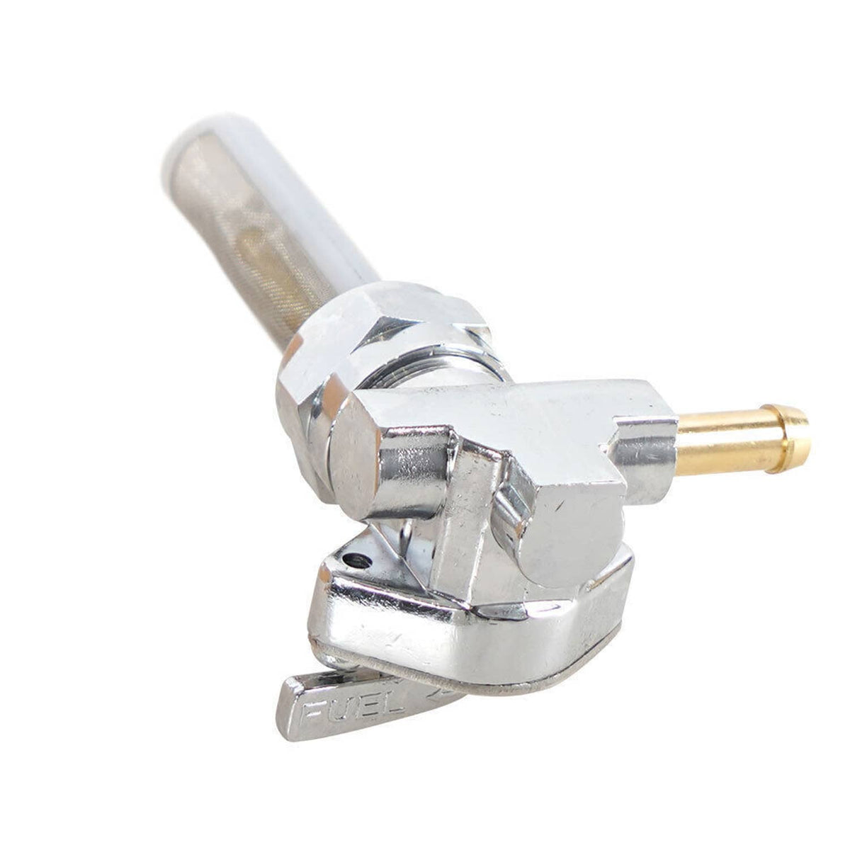 Chrome fuel petcock valve with lever handle and side spigot outlet pipe