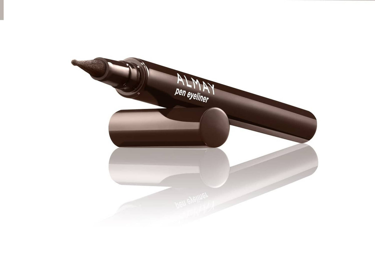Brown Almay pen eyeliner with cap, applicator tip shown in side view.