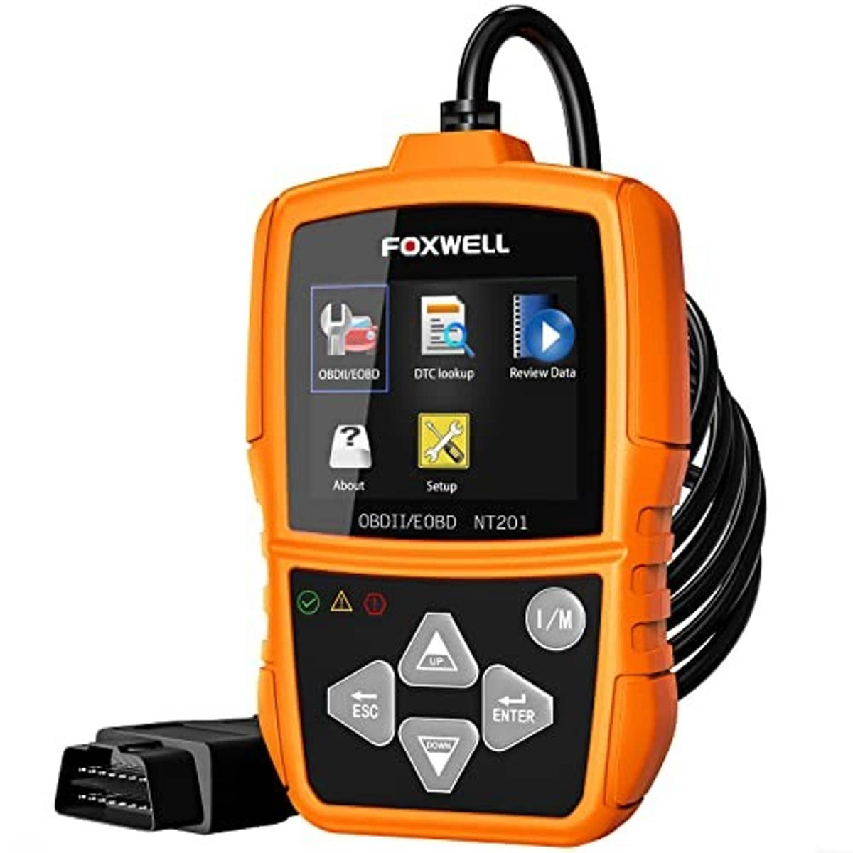 Orange FOXWELL NT201 OBD2 scan tool with attached cable, display screen, and keypad