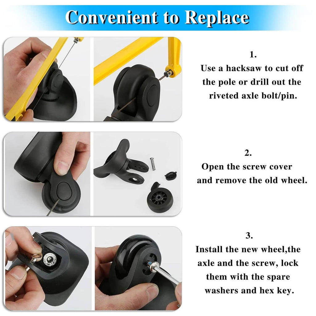 Black luggage replacement wheel kit with axle and screws for easy installation