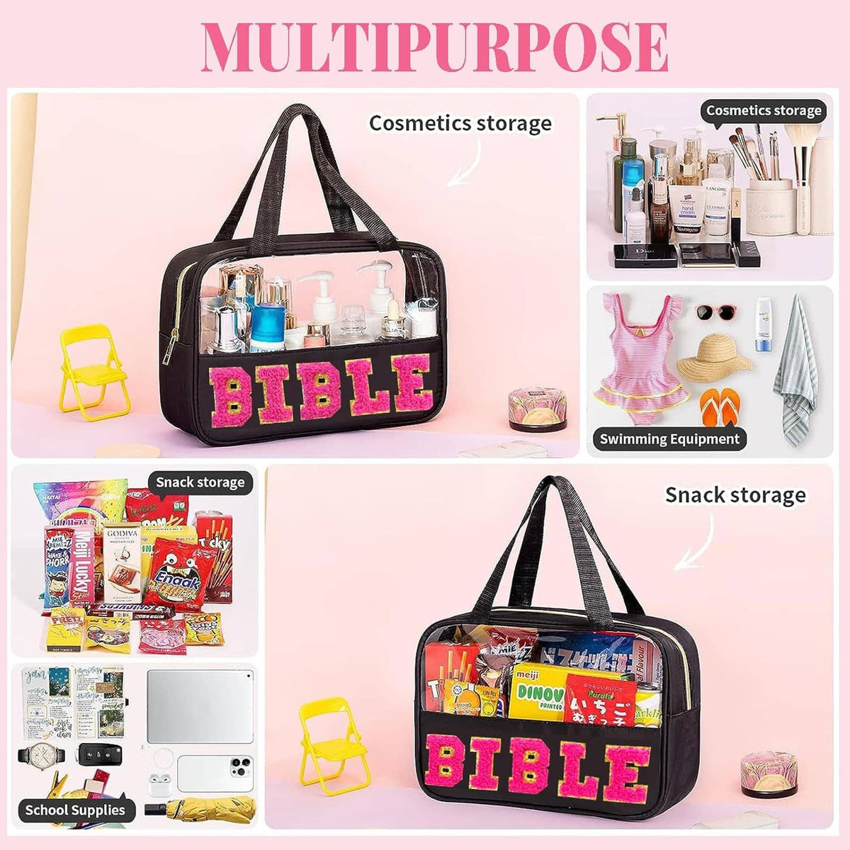 Black bible storage bag with pink 'BIBLE' letters, top handles, and front zipper