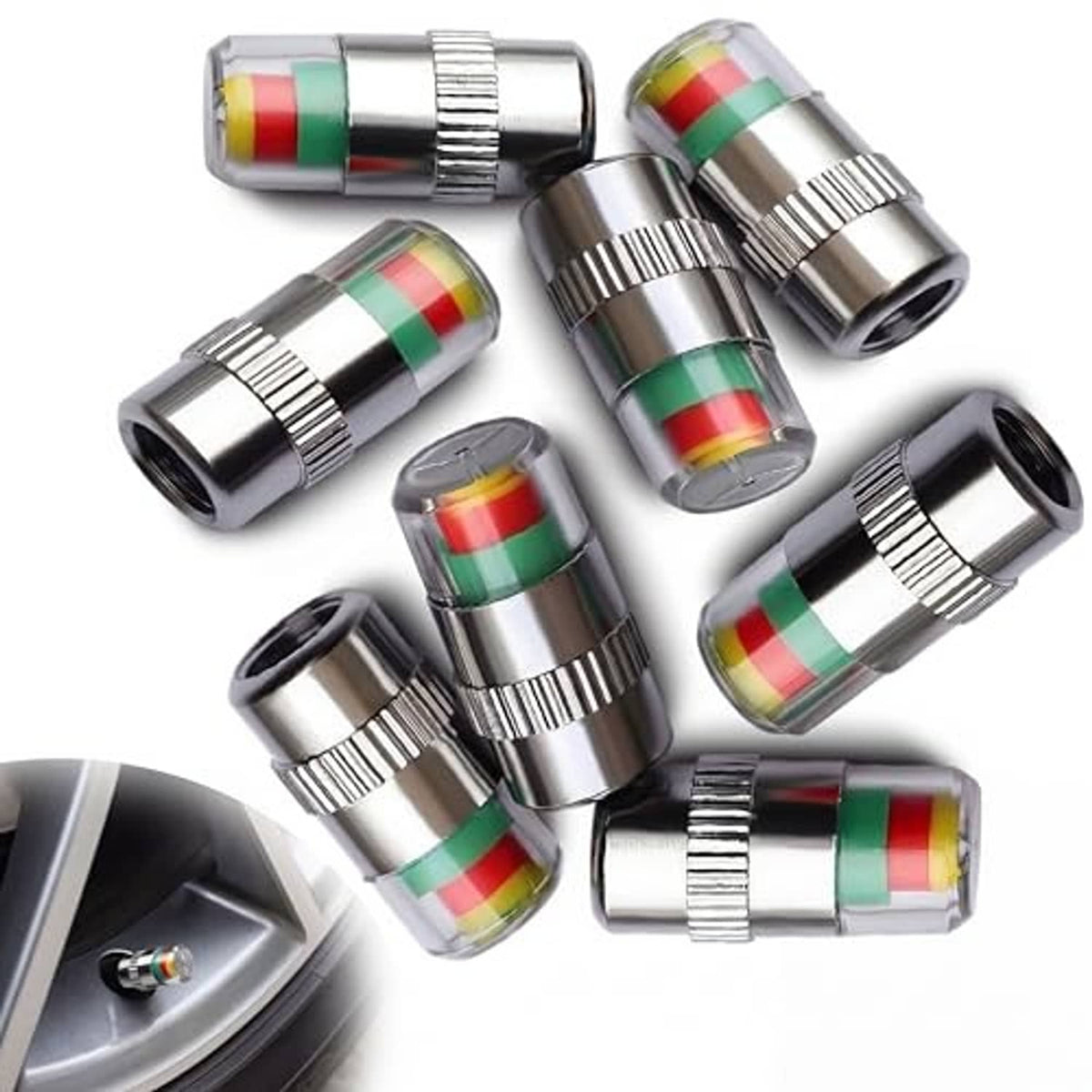 Car tire valve stem caps set with silver metal bodies and multicolor striped inserts