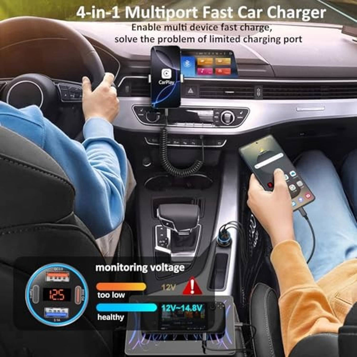 4-in-1 car charger with LED voltage display and USB-C/USB-A ports for quick charging