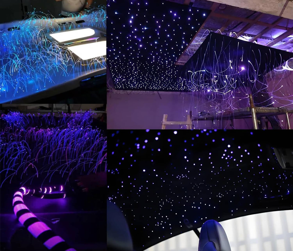 Fiber optic light strands glowing blue and purple, hanging curtain effect